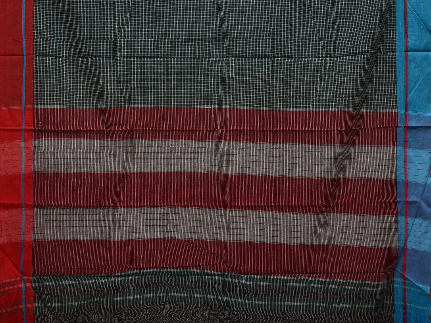 Dark Green ilkal Cotton Handloom Saree with Checks and Ganga-Jamuna Border Design No Blouse - Global Threads - Distacart