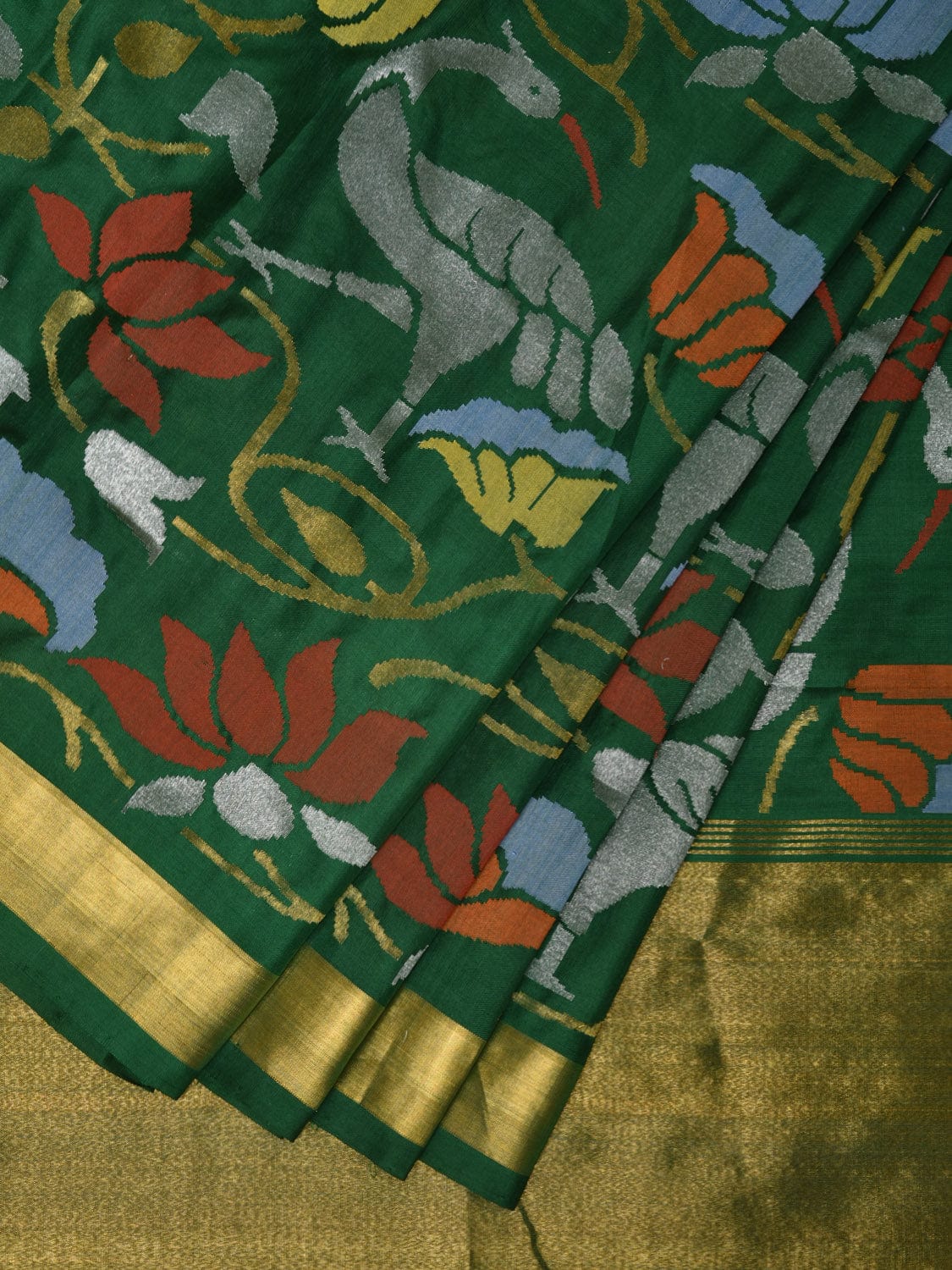 Dark Green Uppada Silk Handloom Saree with All Over Lotus and Birds Design - Global Threads - Distacart