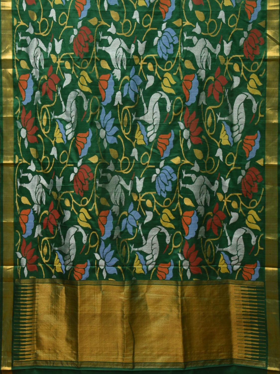 Dark Green Uppada Silk Handloom Saree with All Over Lotus and Birds Design - Global Threads - Distacart