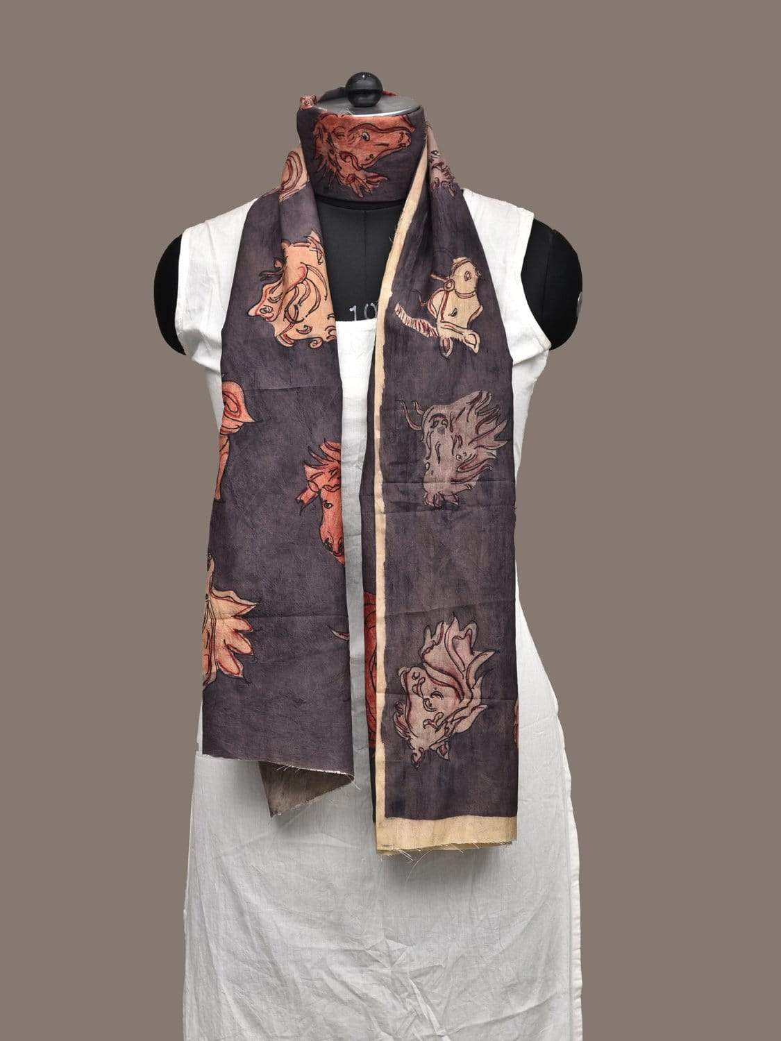 Dark Grey Kalamkari Hand Painted Silk Handloom Stole with Horses Design - Global Threads - Distacart