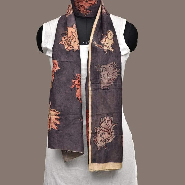 Dark Grey Kalamkari Hand Painted Silk Handloom Stole with Horses Design - Global Threads - Distacart