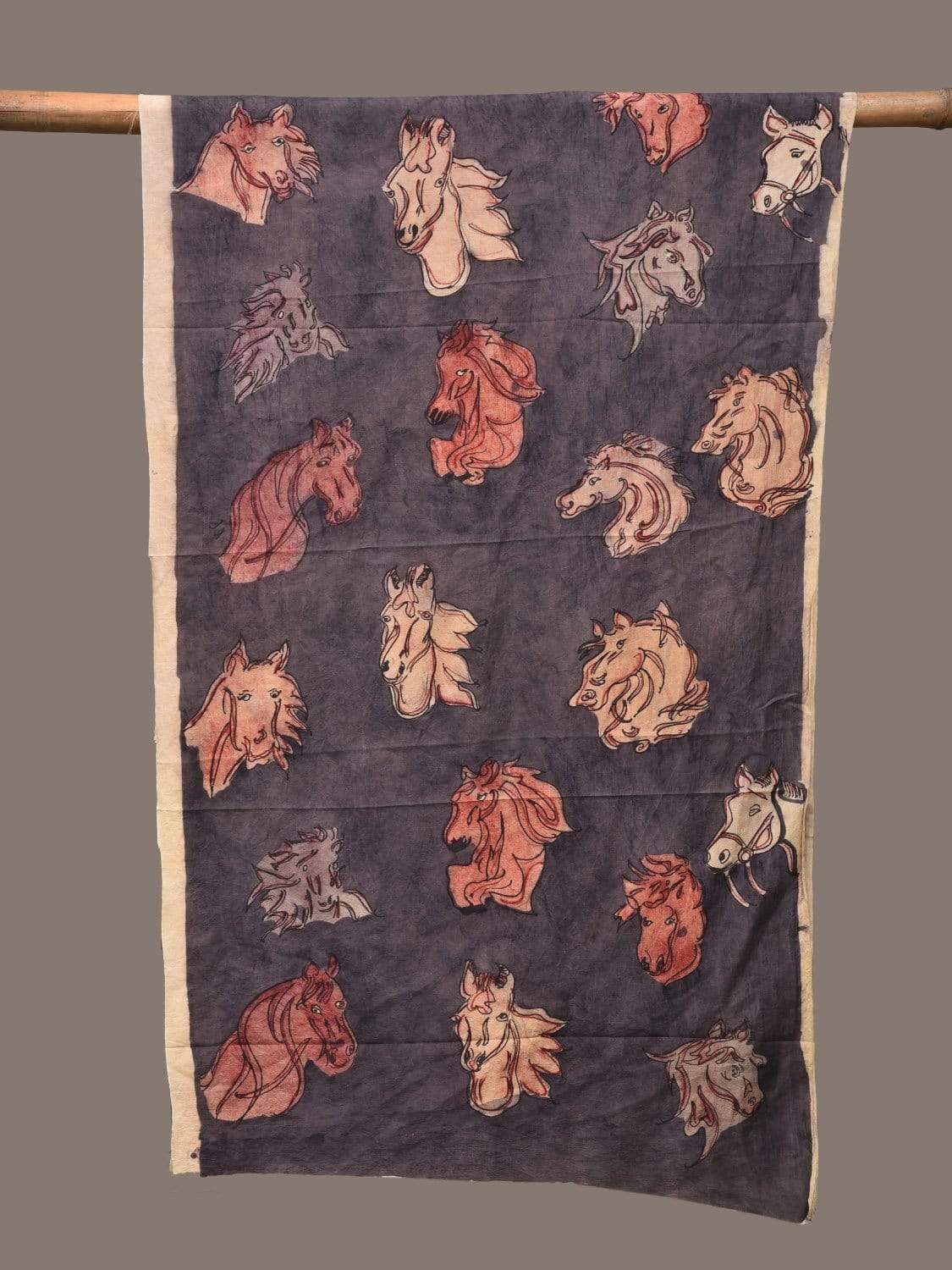 Dark Grey Kalamkari Hand Painted Silk Handloom Stole with Horses Design - Global Threads - Distacart