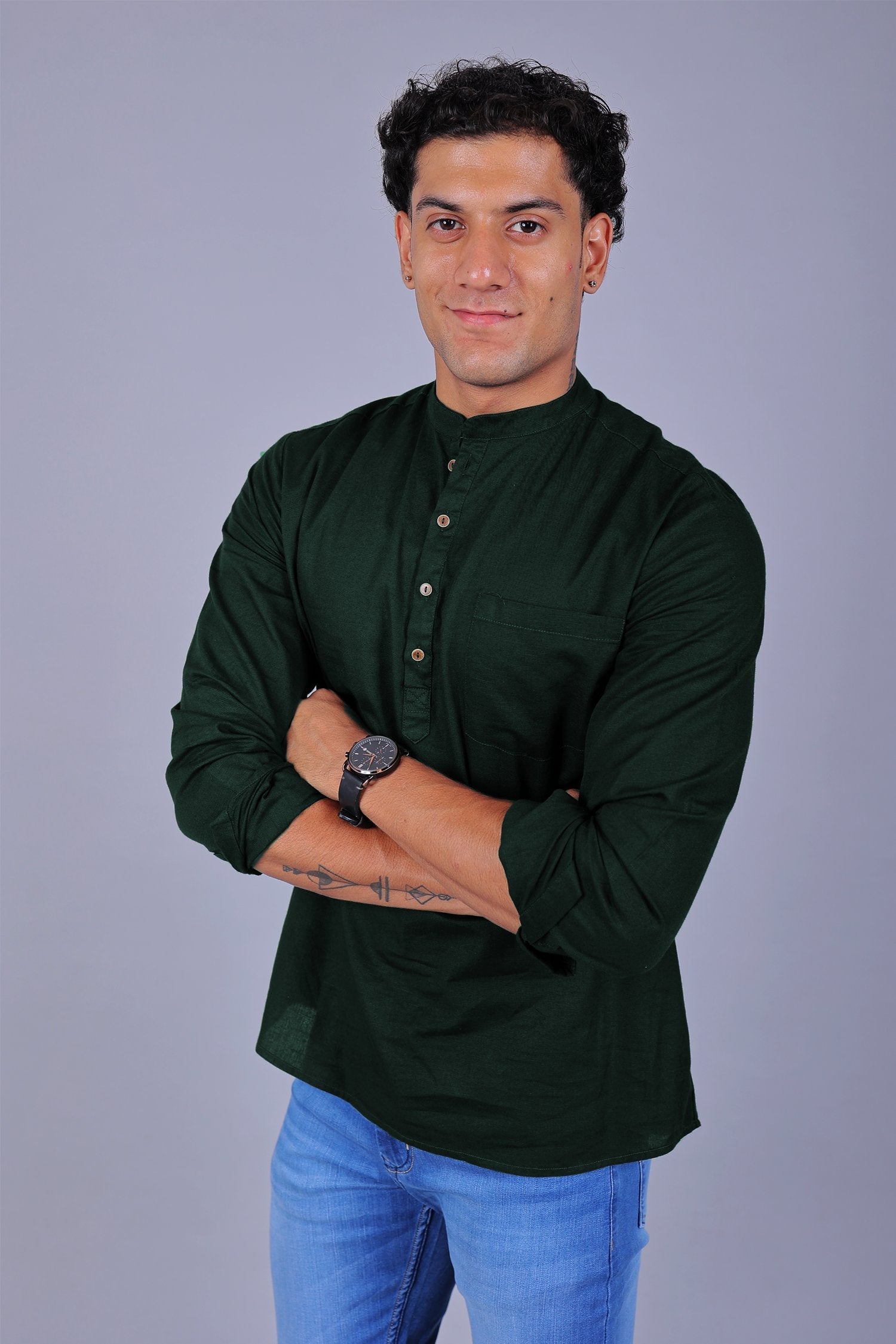 Bluebird Men's Short Kurta in Dark Green - 100% Pure Cotton - Distacart