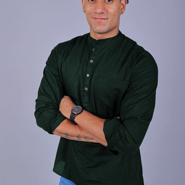 Bluebird Men's Short Kurta in Dark Green - 100% Pure Cotton - Distacart
