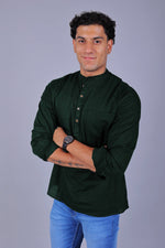 Thumbnail for Bluebird Men's Short Kurta in Dark Green - 100% Pure Cotton