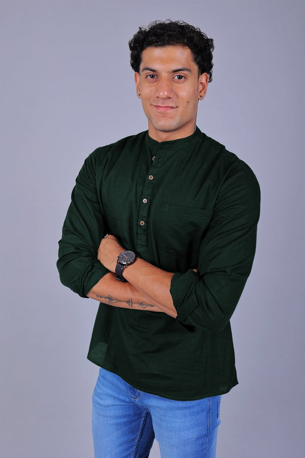 Bluebird Men's Short Kurta in Dark Green - 100% Pure Cotton