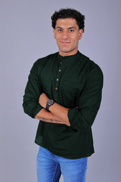 Bluebird Men's Short Kurta in Dark Green - 100% Pure Cotton