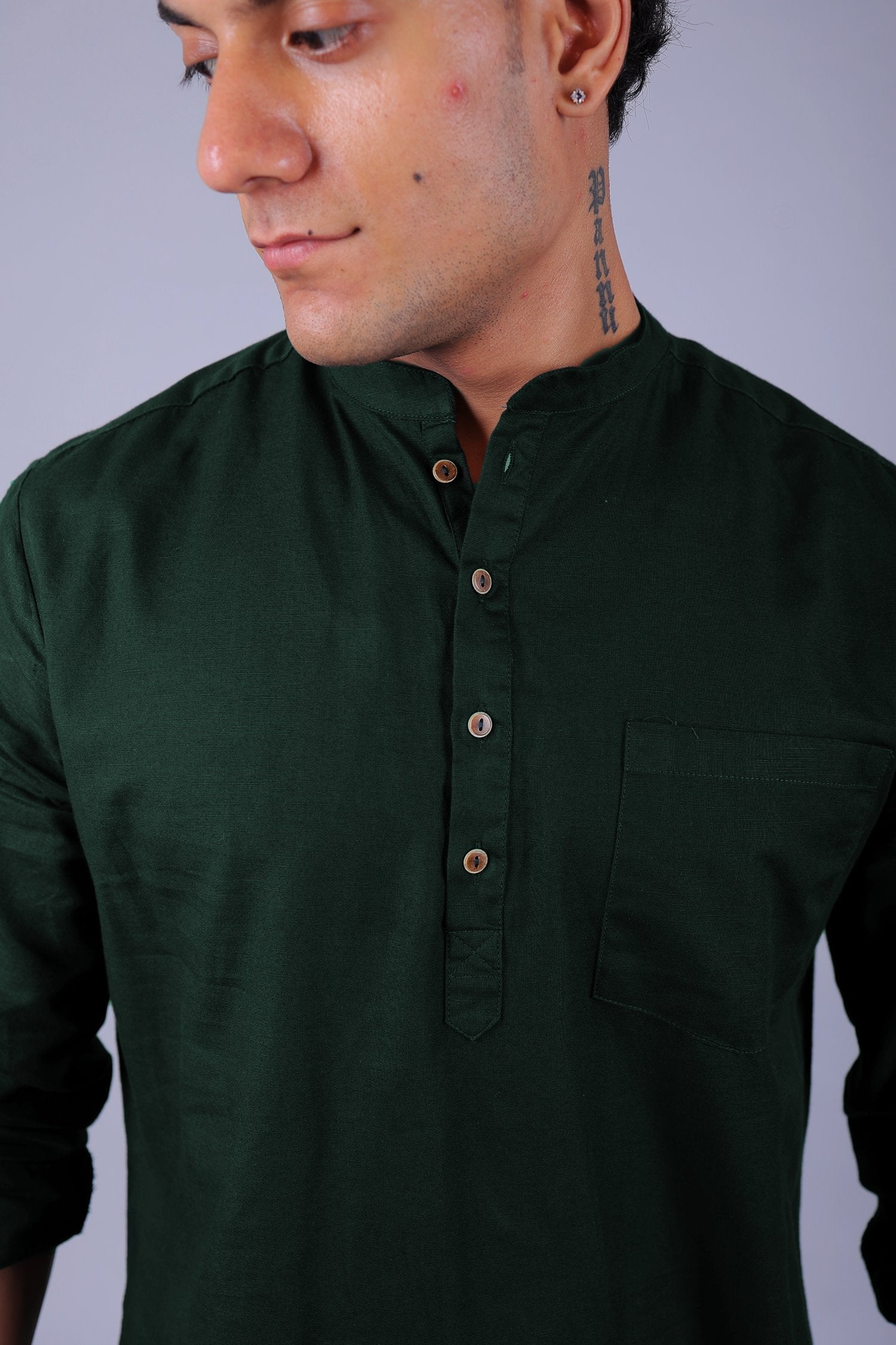 Bluebird Men's Short Kurta in Dark Green - 100% Pure Cotton - Distacart