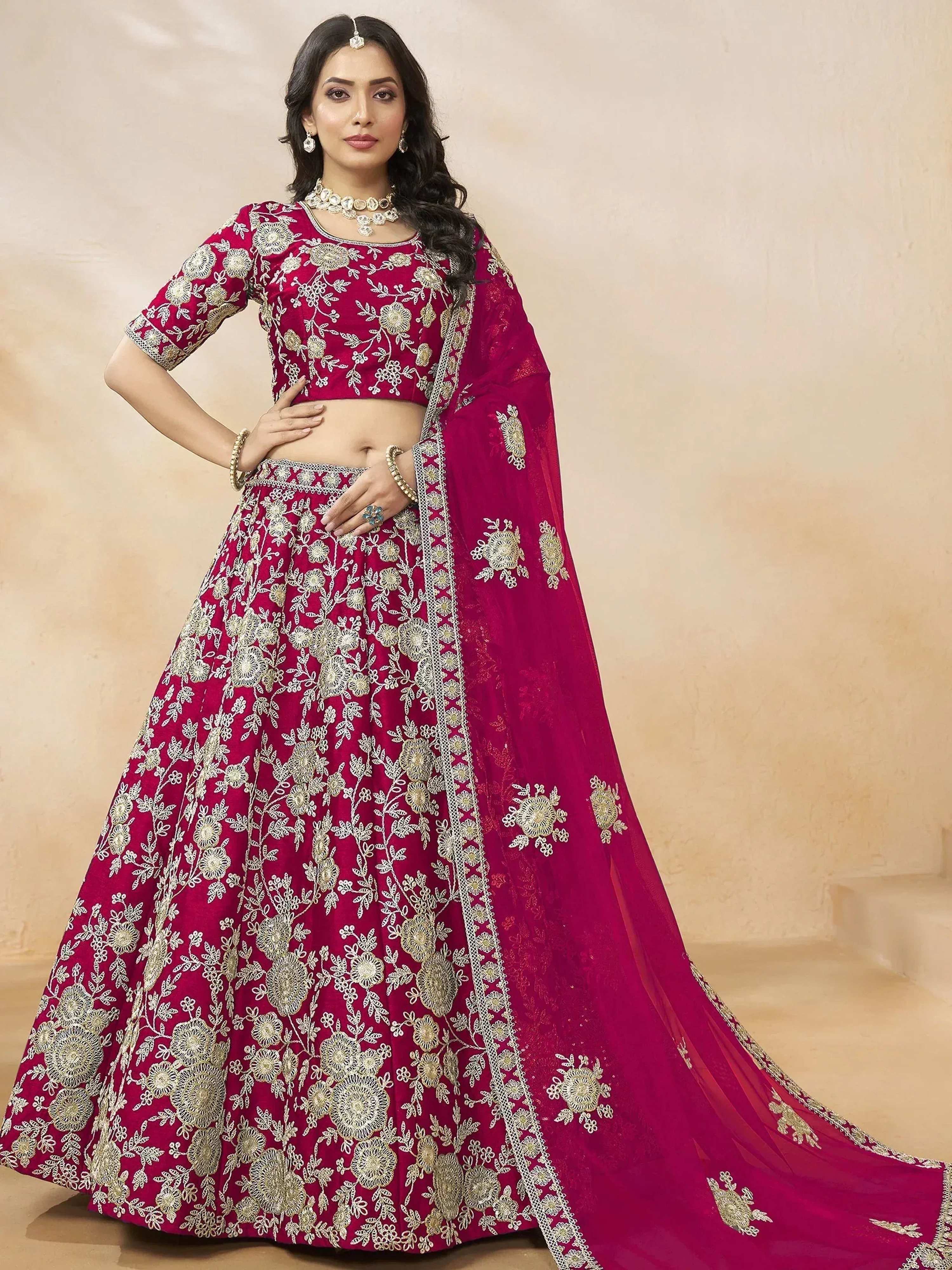 Tulsi Art Dazzling Pink Silk Thread Embroidered Lehenga Choli - Dista