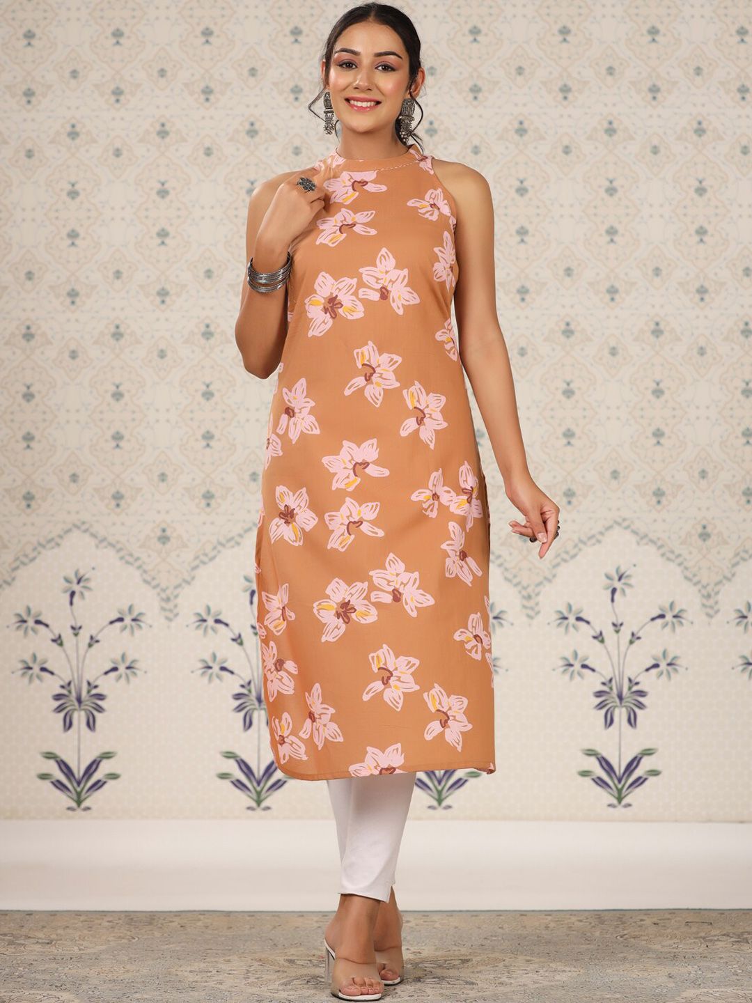 Ode by House of Pataudi Floral Printed Sleeveless Pure Cotton Straight Kurta - Distacart