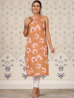 Thumbnail for Ode by House of Pataudi Floral Printed Sleeveless Pure Cotton Straight Kurta - Distacart