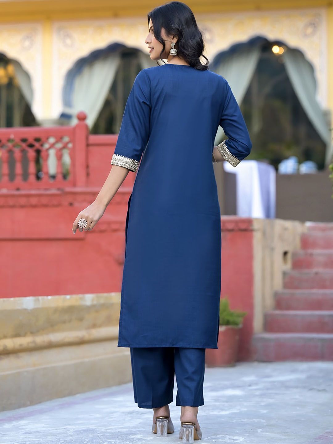 Vishudh Teal & Gold Toned Round Neck Regular Kurta with Palazzos & With Dupatta