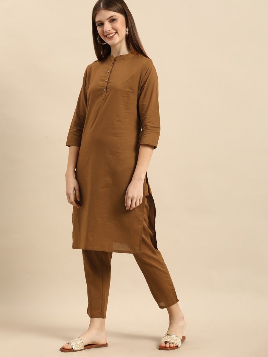 Anouk Women Brown Solid Regular Pure Cotton Kurta with Trousers - Distacart