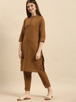 Thumbnail for Anouk Women Brown Solid Regular Pure Cotton Kurta with Trousers - Distacart
