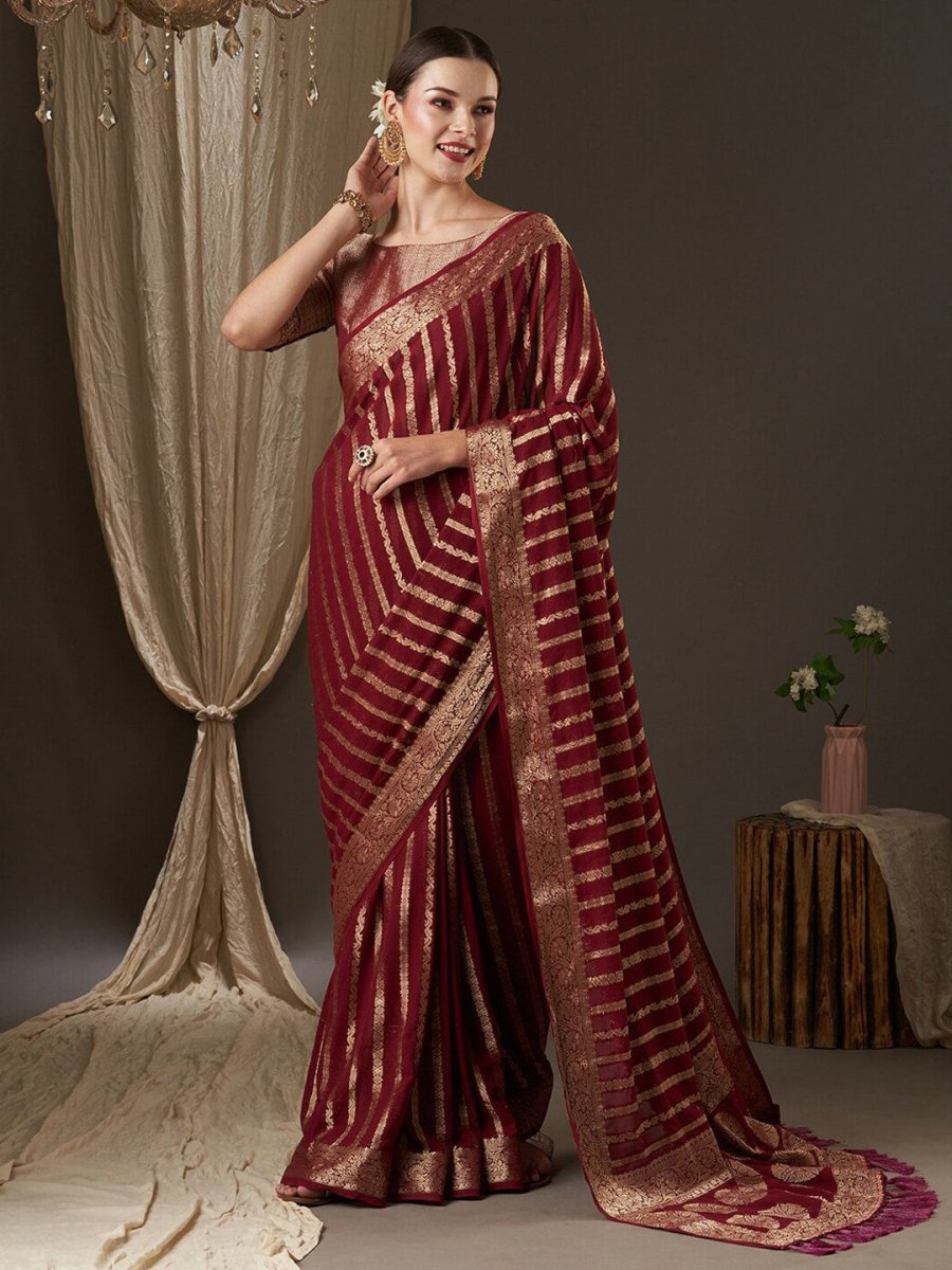 Anouk Maroon & Gold-Toned Woven Design Zari Pure Georgette Kanjeevaram Saree - Distacart