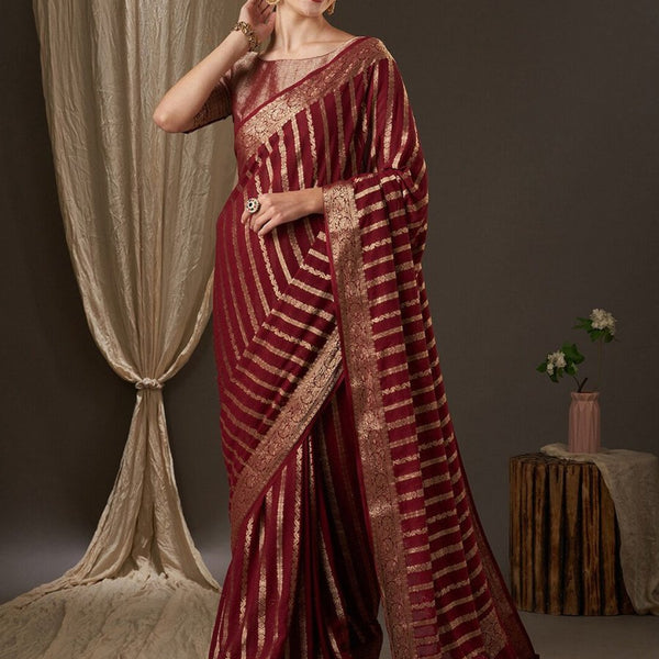 Anouk Maroon & Gold-Toned Woven Design Zari Pure Georgette Kanjeevaram Saree - Distacart