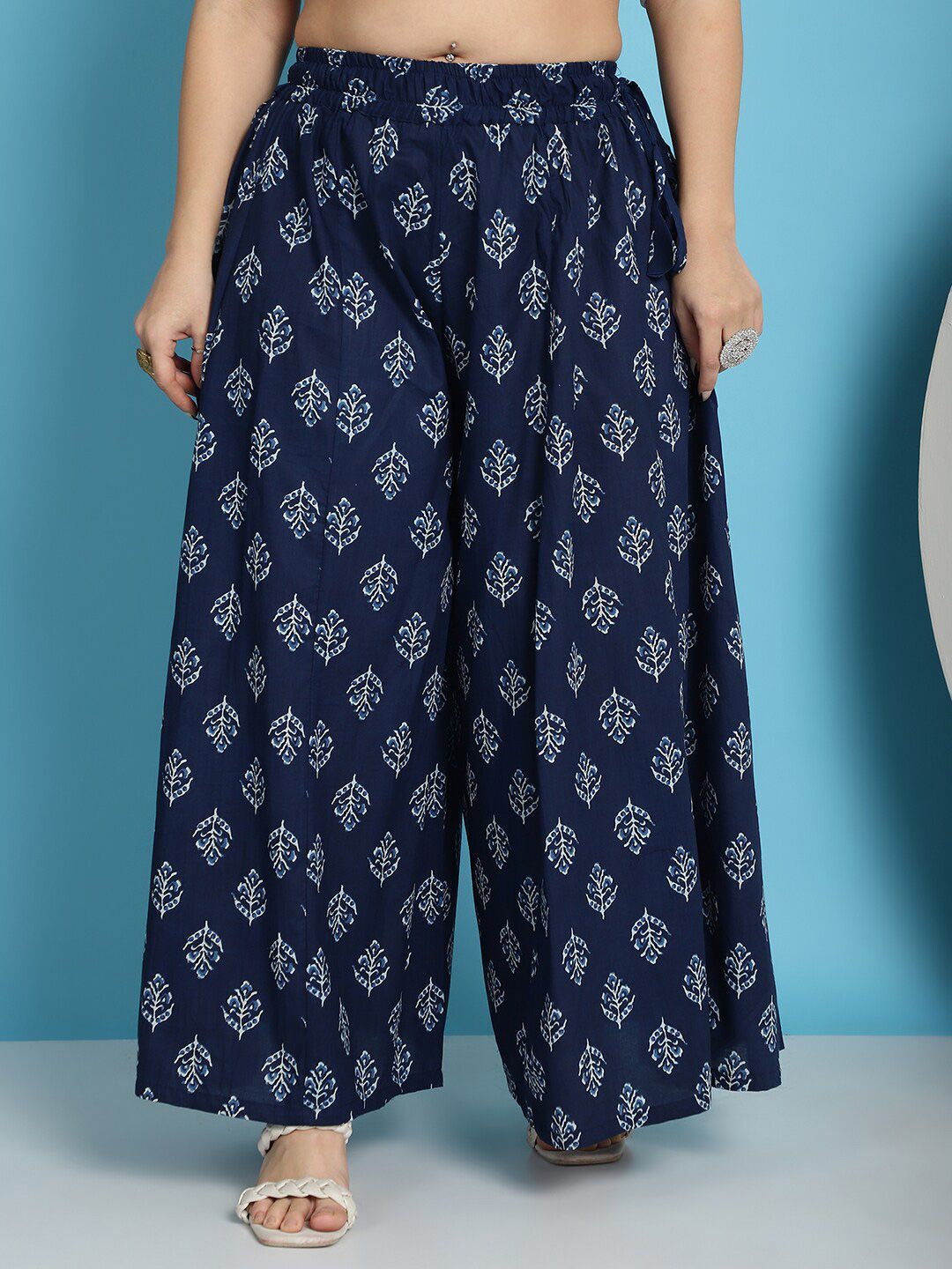 TAG 7 Plus Size Floral Block Printed Flared Pure Cotton Ethnic Palazzos - Distacart