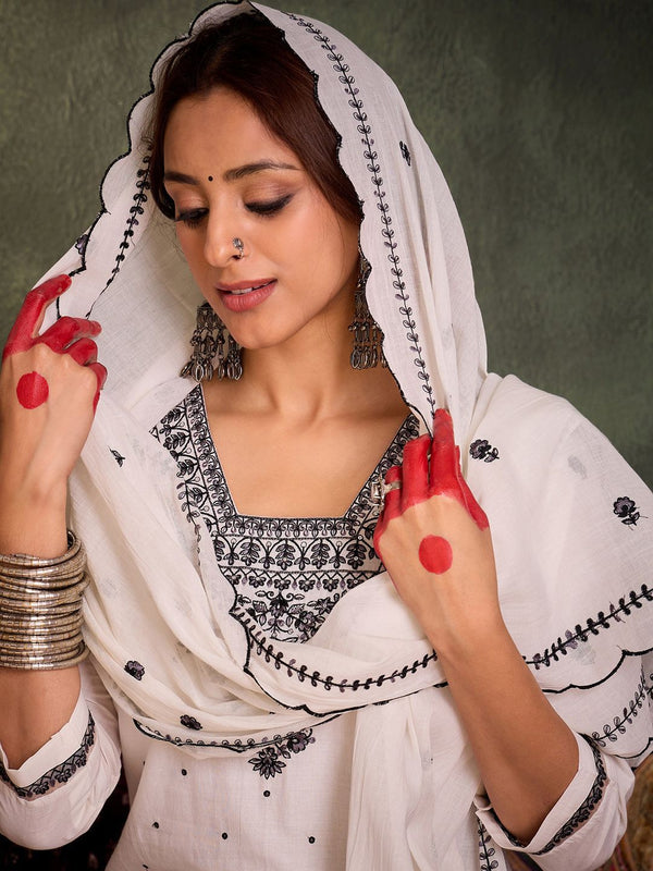 Indo Era Floral Embroidered Thread Work Pure Cotton Kurta With Trousers & Dupatta