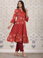 Thumbnail for Ode by House of Pataudi Ethnic Motifs Printed Bell Sleeves A-Line Cotton Kurta - Distacart