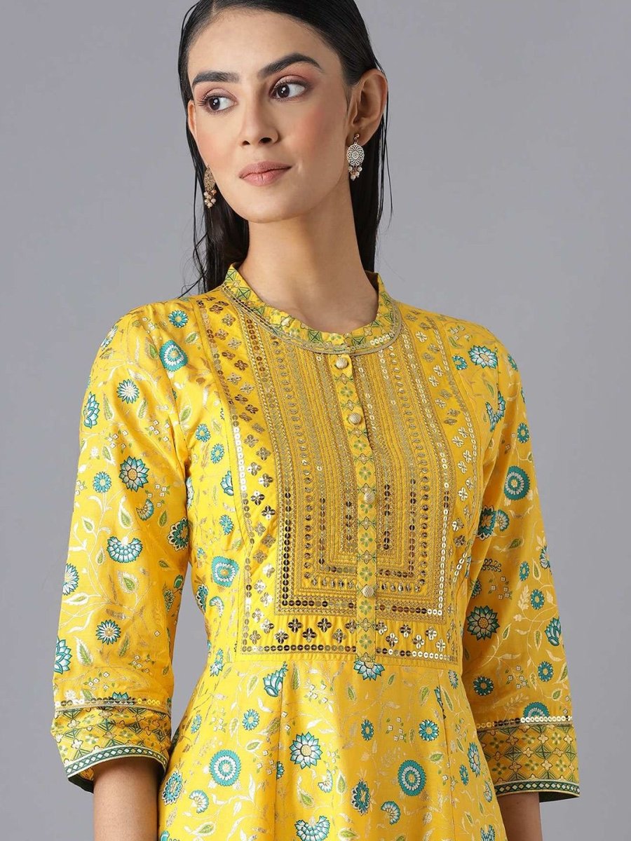 AURELIA Yellow & Green Ethnic Motifs Pure Cotton Maxi Dress - Distacart