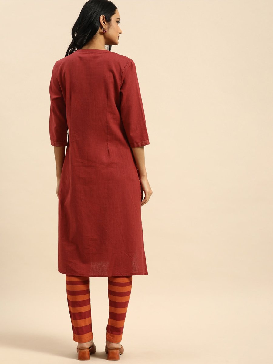 All About You Women Red & Orange Pure Cotton Kurta with Trousers - Distacart