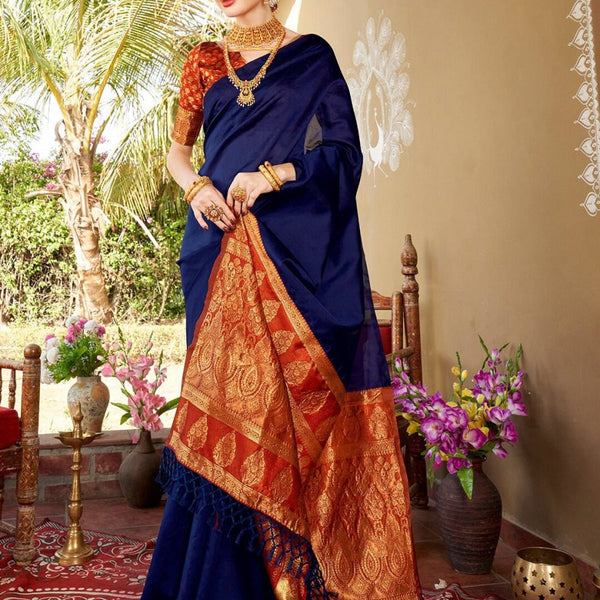 Anouk Blue & Red Solid Zari Chanderi Saree - Distacart