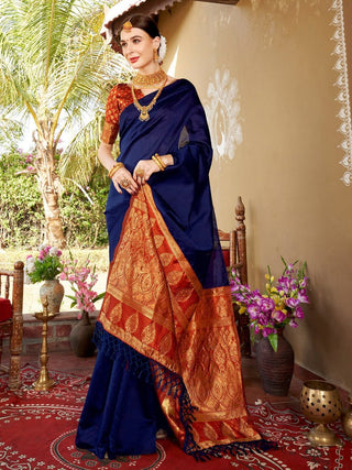 Anouk Blue & Red Solid Zari Chanderi Saree - Distacart