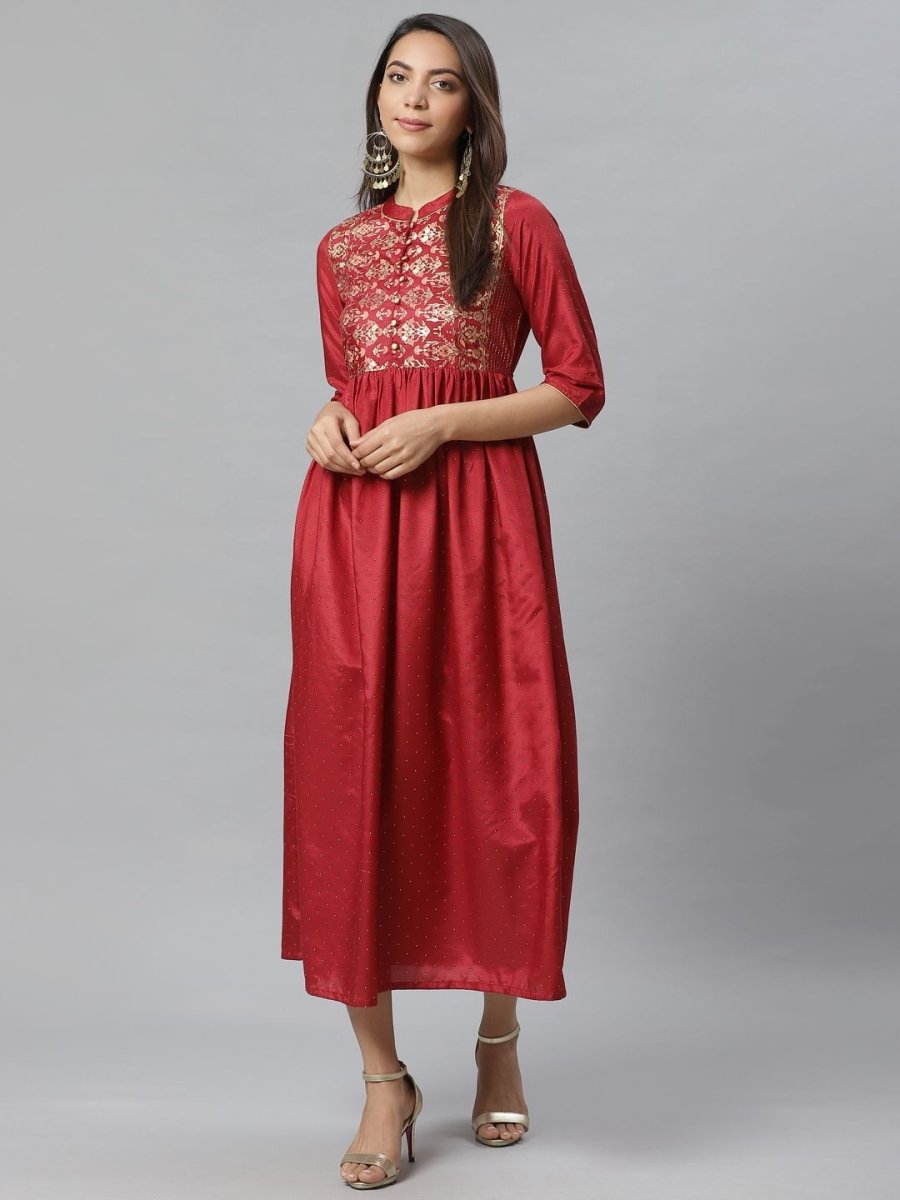 AURELIA Women Maroon & Golden Embellished A-Line Dress - Distacart