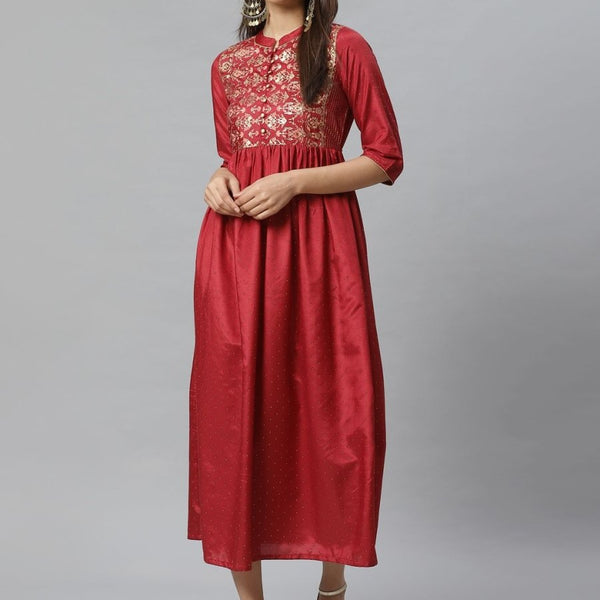 AURELIA Women Maroon & Golden Embellished A-Line Dress - Distacart