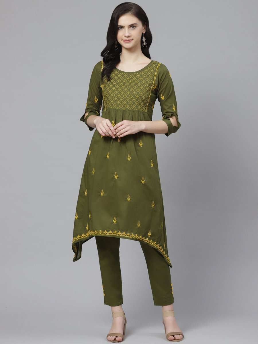 ADA Women Green & Yellow Chikankari Embroidered Sustainable Handloom Kurta with Trousers - Distacart
