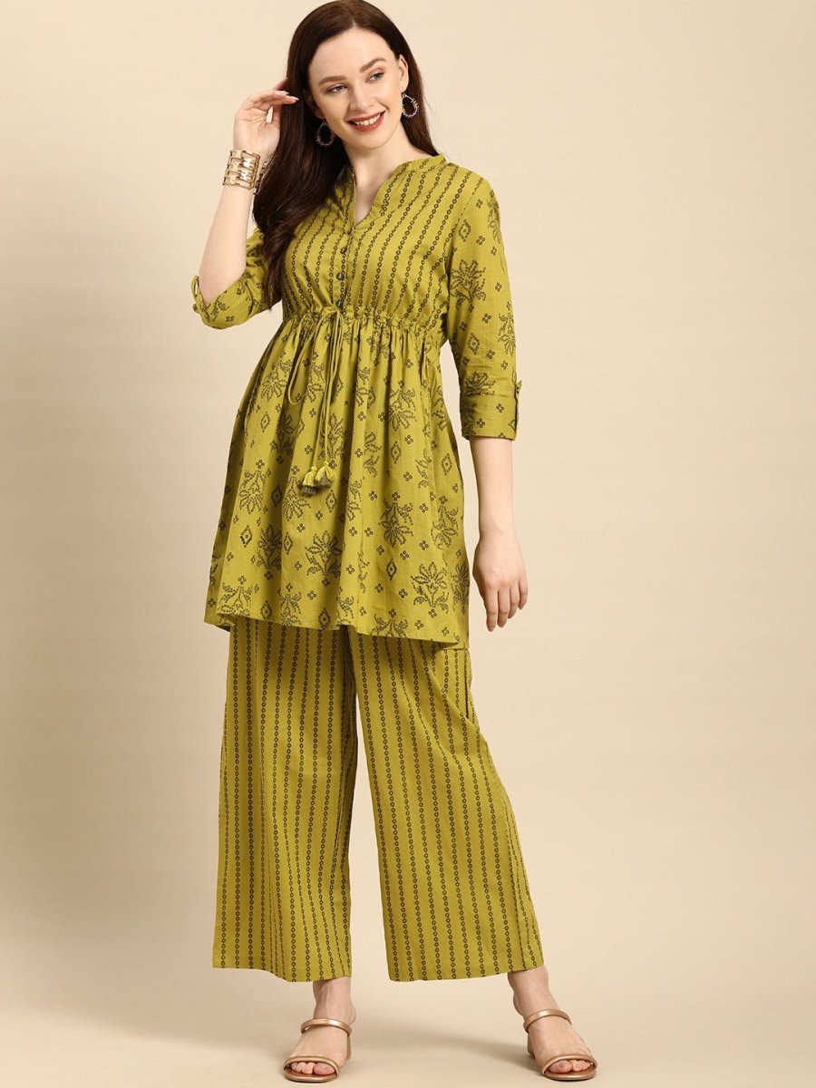 All About You Women Green Printed Pure Cotton Kurti with Palazzos - Distacart