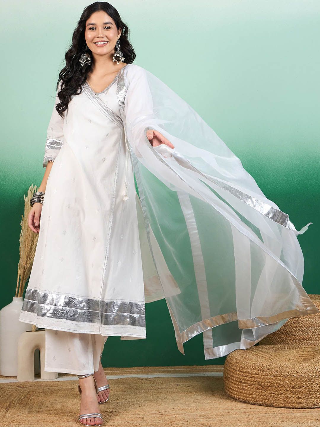 Sangria White Ethnic Motifs Printed Angrakha Kurta With Trouser & Dupatta - Distacart