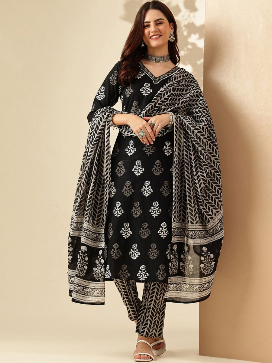 Anouk Floral Printed Regular Pure Cotton Kurta With Trousers & Dupatta - Distacart
