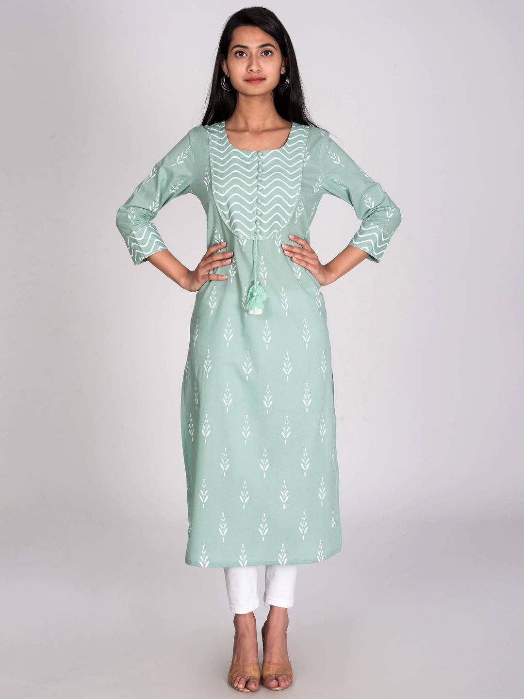 Swasti Women Green & jet stream Geometric Embellished Cold-Shoulder Sleeves Chikankari Floral Kurta - Distacart