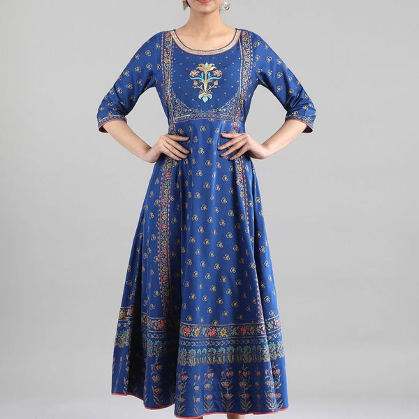AURELIA Blue Floral Printed Ethnic Maxi Dress - Distacart