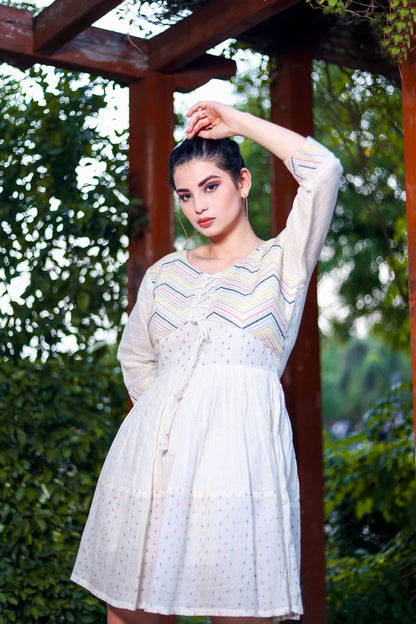 Aayaa Designer Multi Thread Hand Work Khadi Cotton One Piece Dress - Off White - Distacart