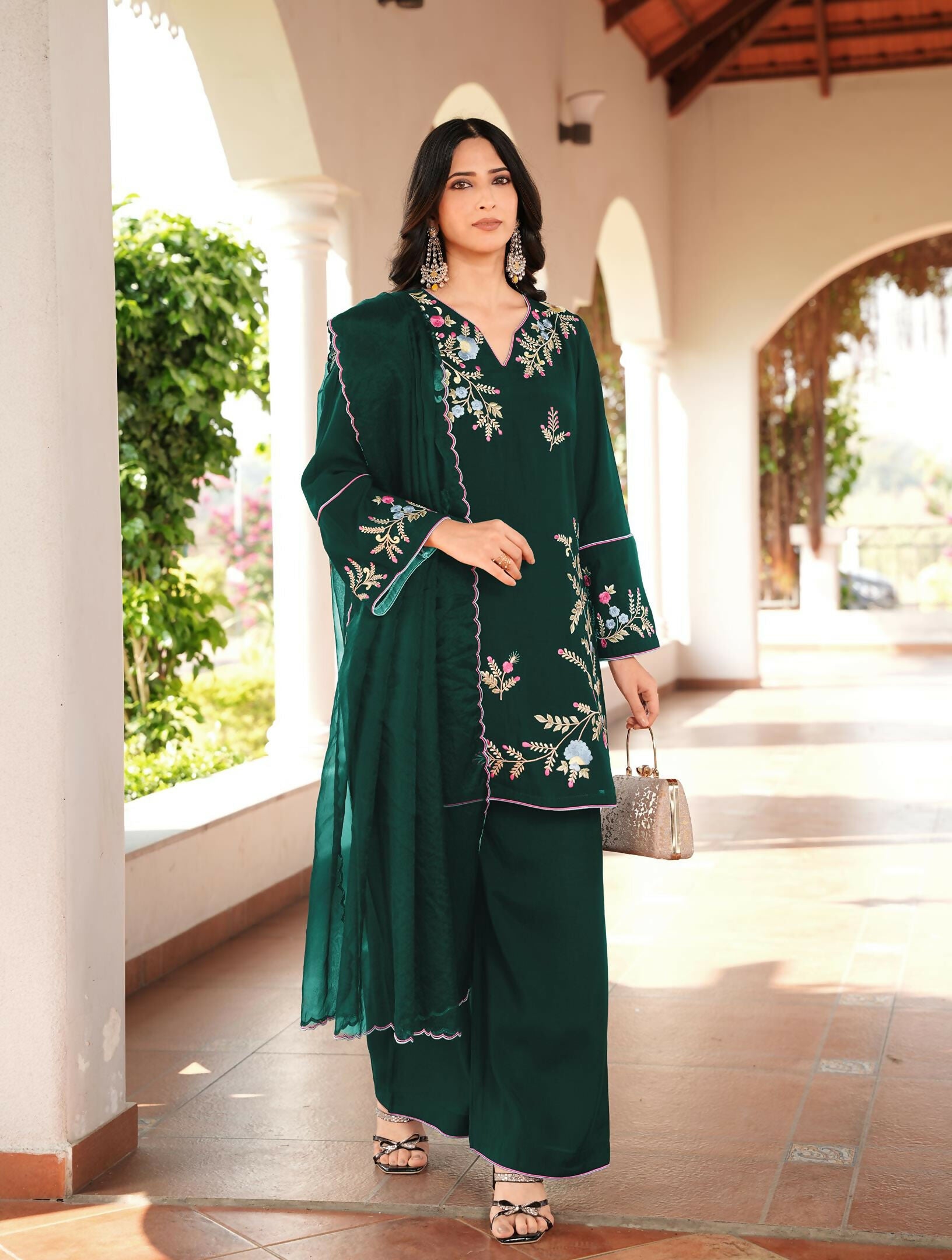Nikhaar Dark Green Embroidered Art Silk Stitched Straight Cut Kurta Culottes Dupatta Readymade Suit - Dista