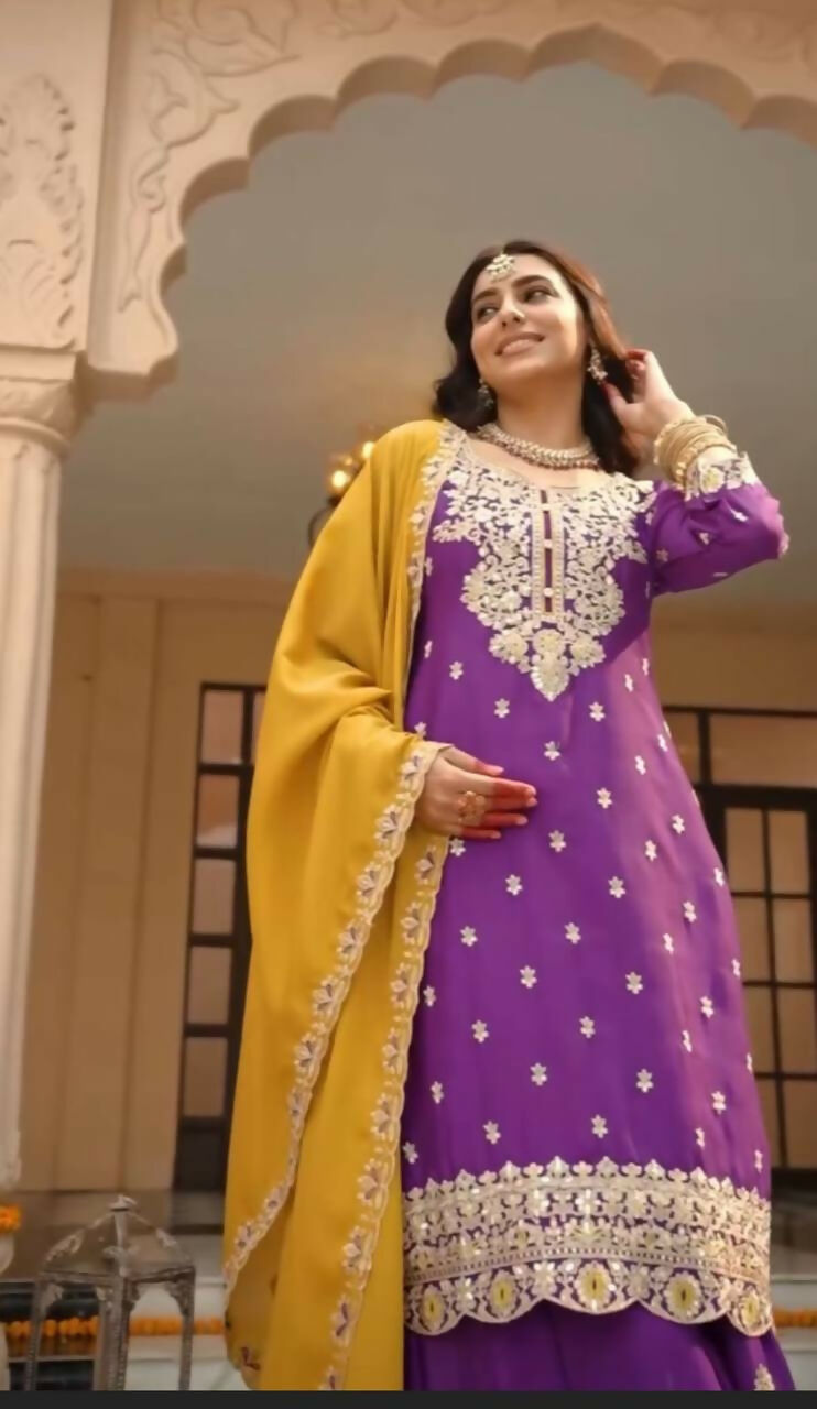 Teeya Creation Womens New Wedding Wear Heavy Embroidery Thread Work Purple Kurta Set - Dista