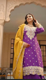 Thumbnail for Teeya Creation Womens New Wedding Wear Heavy Embroidery Thread Work Purple Kurta Set - Dista