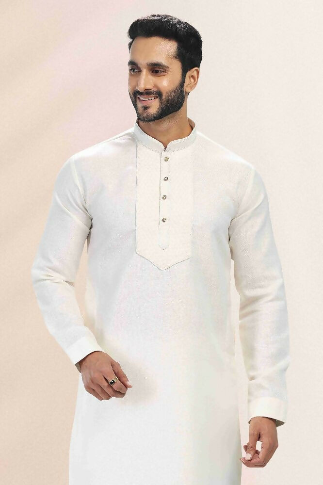 Raivat Ethnic Linen Cotton Pintux Work Kurta Pajama In Cream Colour - Dista