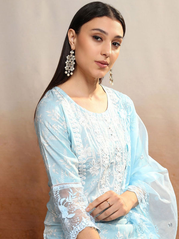 Vishudh Women Floral Embroidered Regular Thread Work Kurta with Trousers & With Dupatta - Distacart