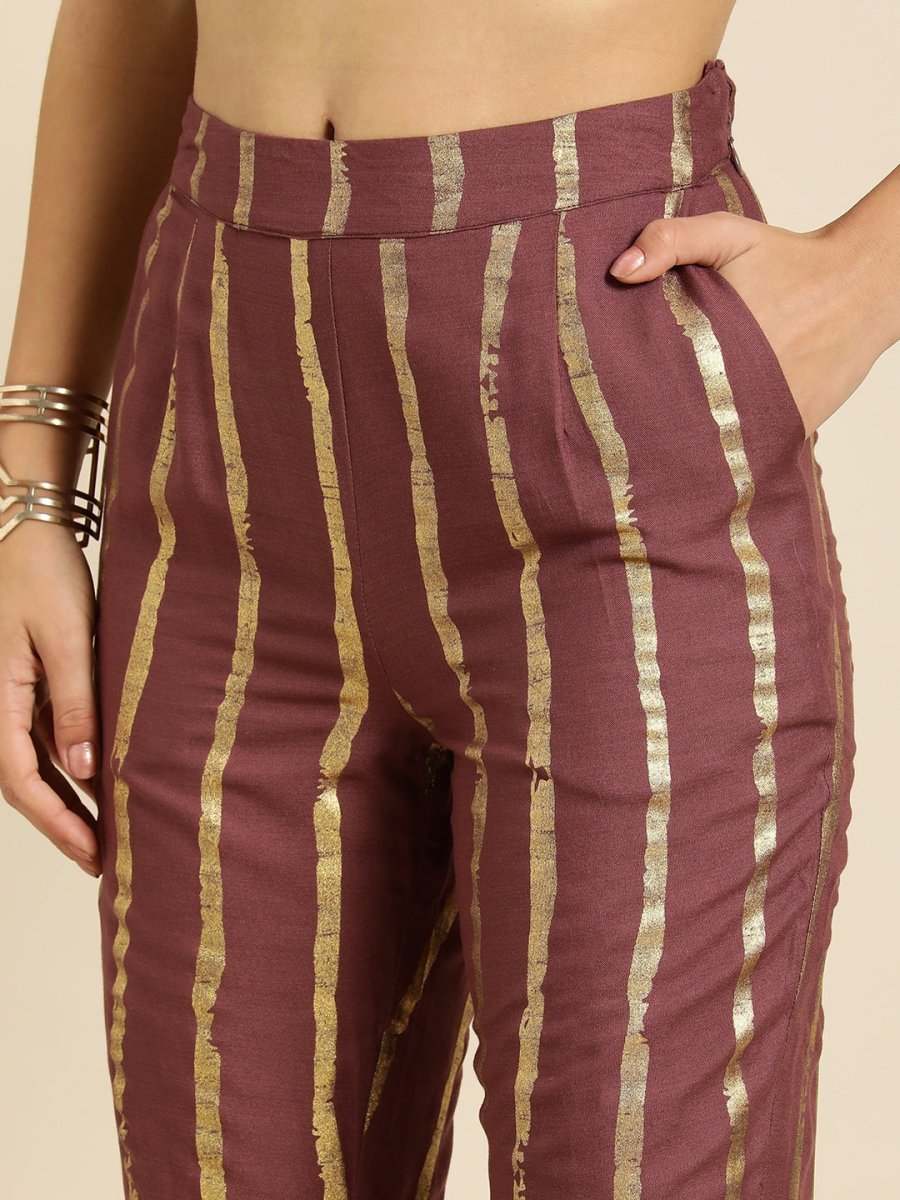 All About You Women Brown Ethnic Motifs Printed Pure Cotton Kurta with Trousers - Distacart