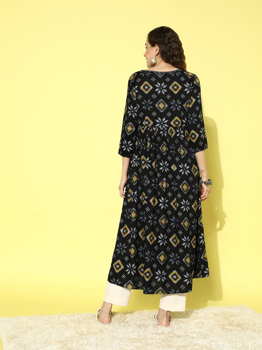 All About You Women Black & Yellow Printed Thread Work Tiering Liva Anarkali Kurta - Distacart