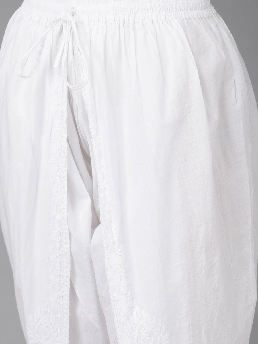 ADA Women White Cotton Sustainable Hand Embroidered Chikankari A-line Handloom Kurta & Dhoti Pants - Distacart