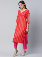 Thumbnail for Ahalyaa Women Red Striped Kurta with Trousers - Distacart