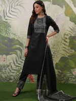 Thumbnail for Vishudh Black Printed Regular Kurta with Trouser & Dupatta