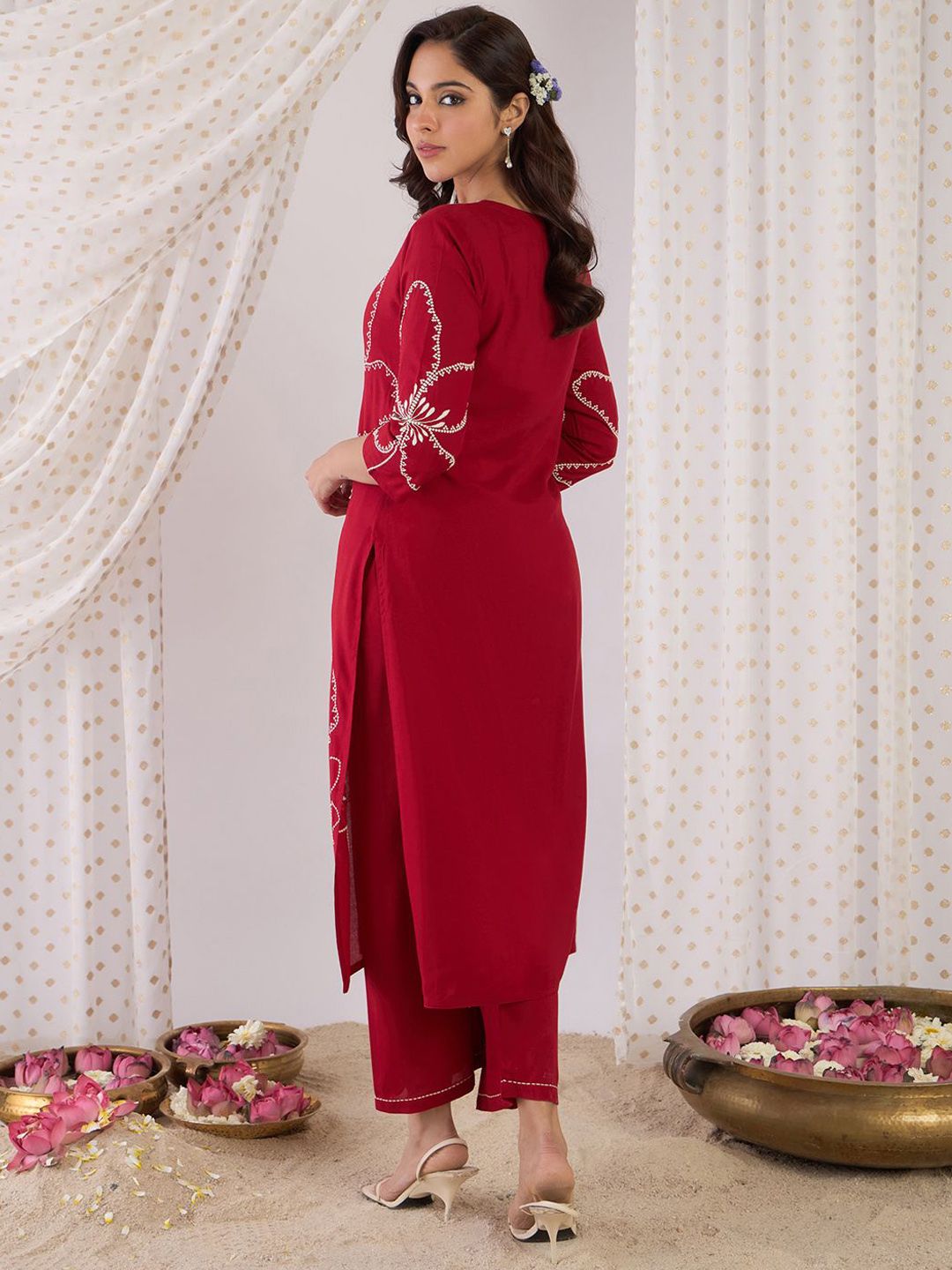 Indo Era Floral Embroidered Beads And Stones Straight Kurta With Palazzos