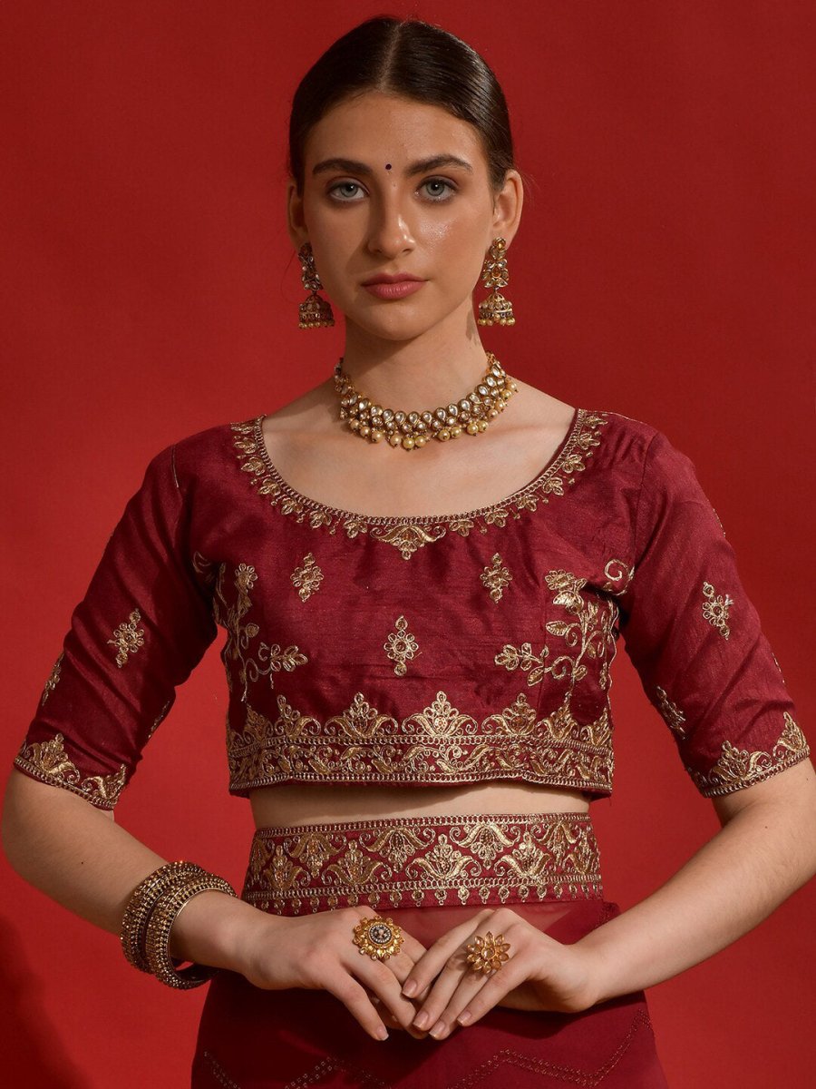 Anouk Maroon & Gold-Toned Embellished Embroidered Pure Georgette Saree - Distacart