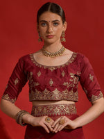 Thumbnail for Anouk Maroon & Gold-Toned Embellished Embroidered Pure Georgette Saree - Distacart
