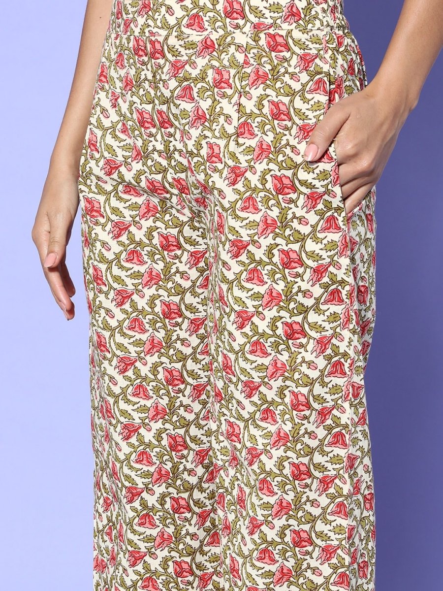All About You Cream-Coloured Floral Printed Pure Cotton Kurta With Trousers - Distacart